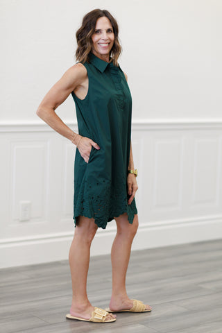 Eyelet Hem Sleeveless Shirt Dress in Hunter Green