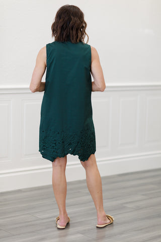 Eyelet Hem Sleeveless Shirt Dress in Hunter Green