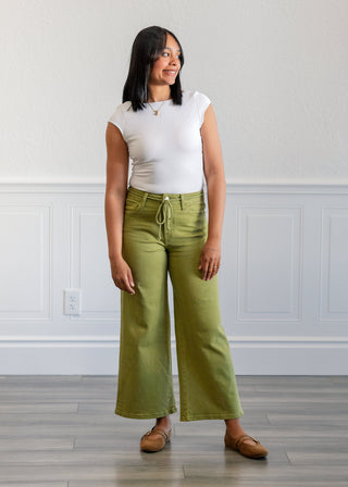 High Rise Drawstring Crop Wide Pants in Eucalyptus