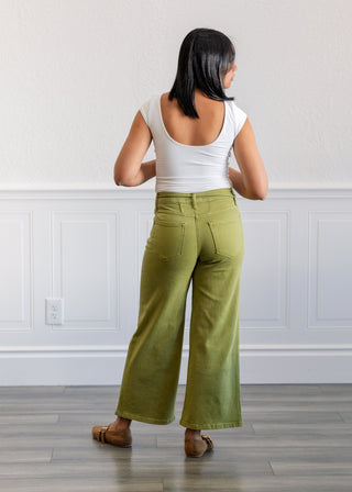 High Rise Drawstring Crop Wide Pants in Eucalyptus