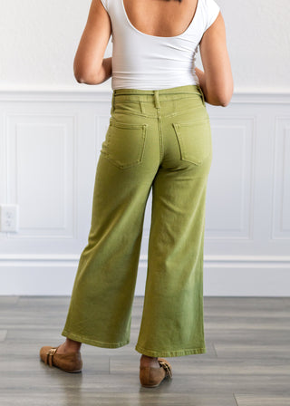 High Rise Drawstring Crop Wide Pants in Eucalyptus