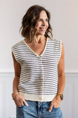 Striped Sweater Vest Cardigan in Ivory Navy