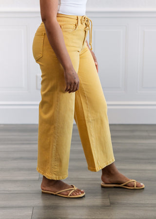 High Rise Drawstring Crop Wide Pants in Marigold
