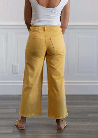 High Rise Drawstring Crop Wide Pants in Marigold