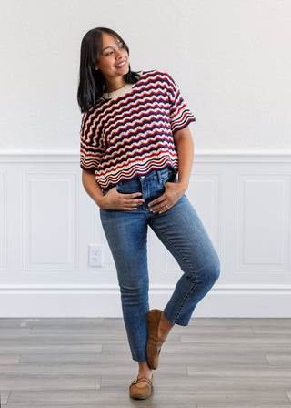Red White & Navy Striped Open Knit Sweater