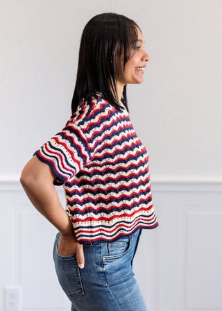 Red White & Navy Striped Open Knit Sweater