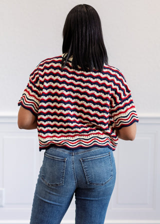 Red White & Navy Striped Open Knit Sweater