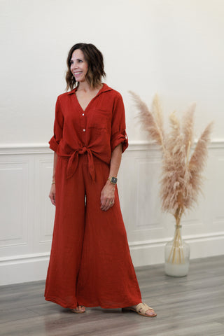 Milio Milano Linen Smocked Waist Palazzo Pants in Rust