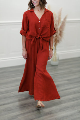 Milio Milano Linen Smocked Waist Palazzo Pants in Rust