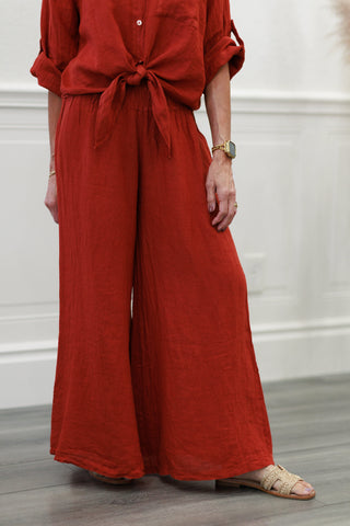 Milio Milano Linen Smocked Waist Palazzo Pants in Rust
