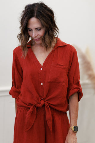 Milio Milano Italian Linen Front Tie Button Shirt in Rust