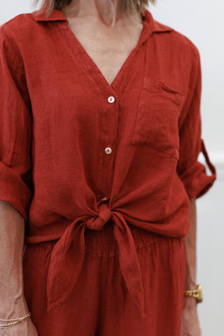 Milio Milano Italian Linen Front Tie Button Shirt in Rust