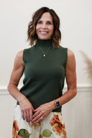 Milio Milano Italian Knit Sleeveless Mock Neck Top in Olive