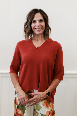 Italian V-Neck Light Sweater Knit Top in Paprika