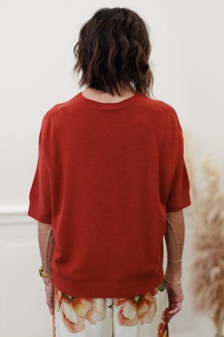 Italian V-Neck Light Sweater Knit Top in Paprika