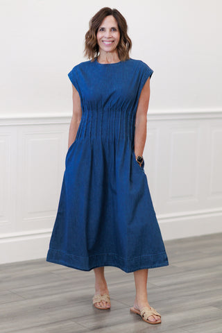 Pleated Denim Midi Dress