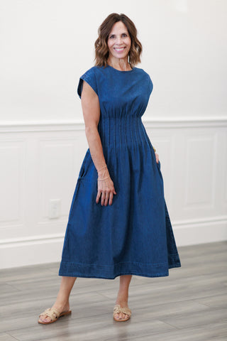 Pleated Denim Midi Dress