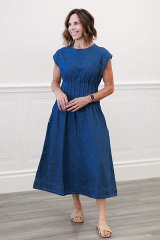 Pleated Denim Midi Dress