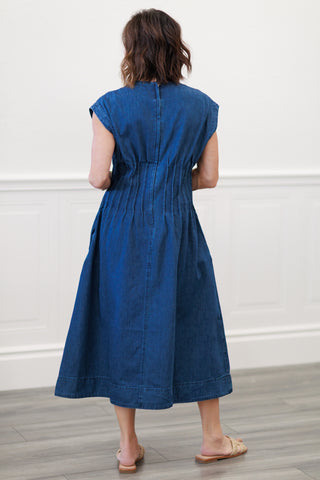 Pleated Denim Midi Dress