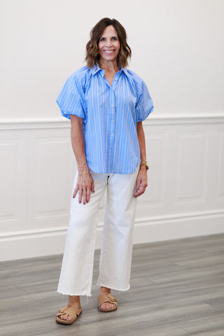 Stripe Puff Sleeve Button-Down Bubble Top in Blue