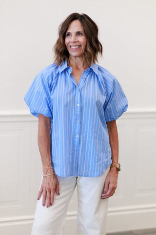 Stripe Puff Sleeve Button-Down Bubble Top in Blue