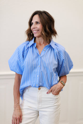 Stripe Puff Sleeve Button-Down Bubble Top in Blue