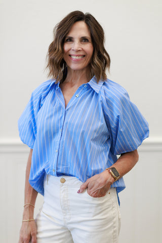 Stripe Puff Sleeve Button-Down Bubble Top in Blue