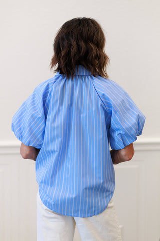 Stripe Puff Sleeve Button-Down Bubble Top in Blue