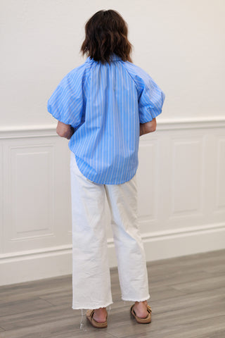 Stripe Puff Sleeve Button-Down Bubble Top in Blue