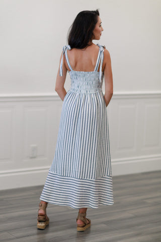 Stripe Smocked Tie Strap Basque Waist Dress