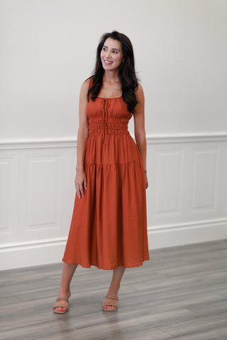 Rust Smocked Waist Tiered Midi Dress