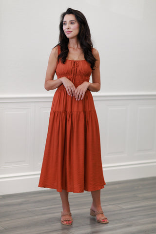 Rust Smocked Waist Tiered Midi Dress