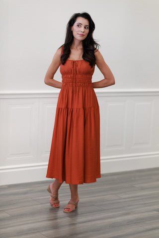 Rust Smocked Waist Tiered Midi Dress