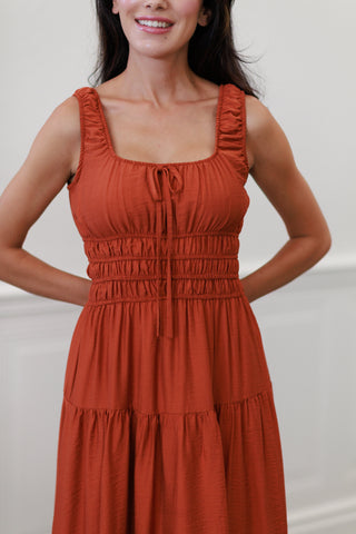 Rust Smocked Waist Tiered Midi Dress
