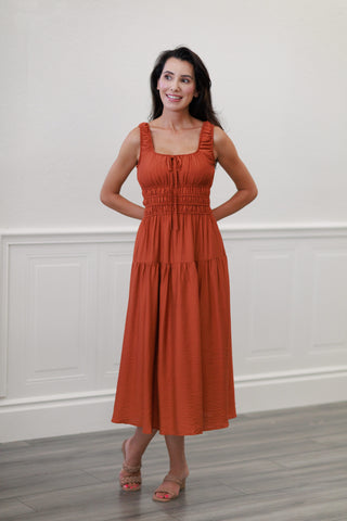 Rust Smocked Waist Tiered Midi Dress