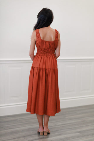 Rust Smocked Waist Tiered Midi Dress