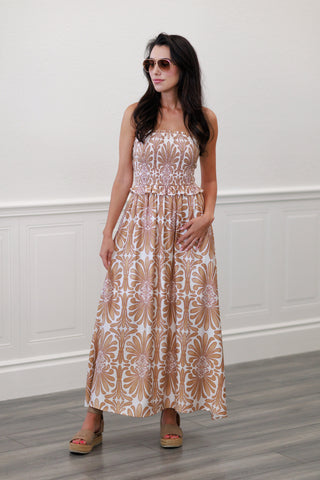 Baroque Floral Smocked Strapless Maxi Dress