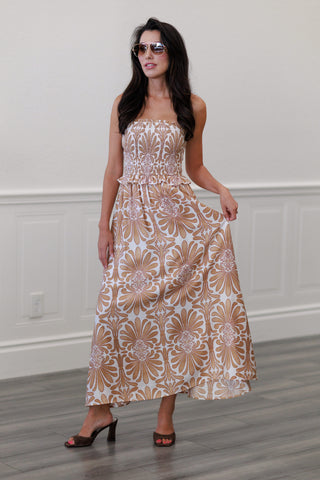 Baroque Floral Smocked Strapless Maxi Dress
