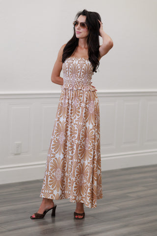 Baroque Floral Smocked Strapless Maxi Dress