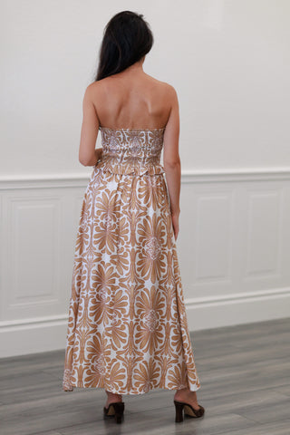 Baroque Floral Smocked Strapless Maxi Dress