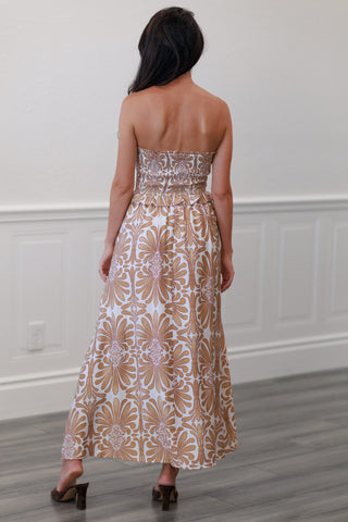 Baroque Floral Smocked Strapless Maxi Dress