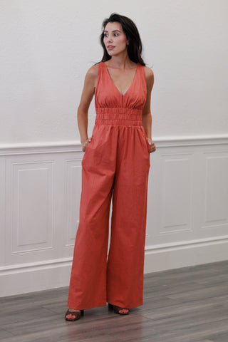 Linen Blend Sleeveless V-Neck Wide Leg Jumpsuit in Rust