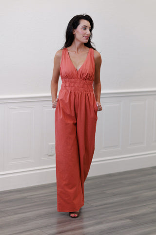 Linen Blend Sleeveless V-Neck Wide Leg Jumpsuit in Rust