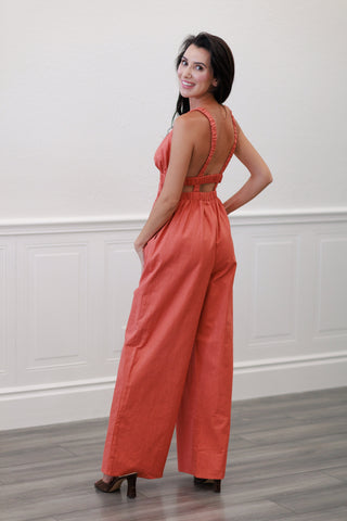 Linen Blend Sleeveless V-Neck Wide Leg Jumpsuit in Rust