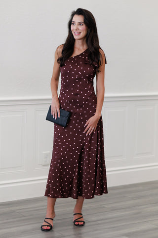 Silky Satin One-Shoulder Bow Midi Dress in Wine