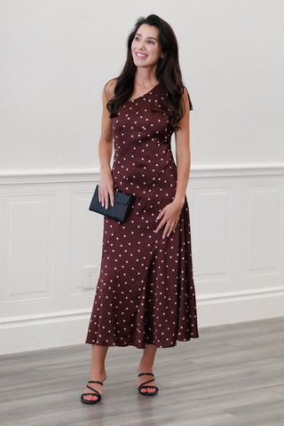 Silky Satin One-Shoulder Bow Midi Dress in Wine