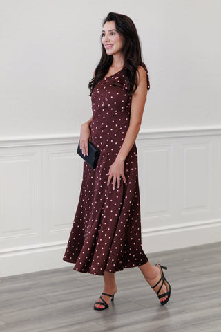 Silky Satin One-Shoulder Bow Midi Dress in Wine
