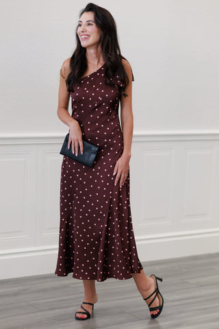 Silky Satin One-Shoulder Bow Midi Dress in Wine