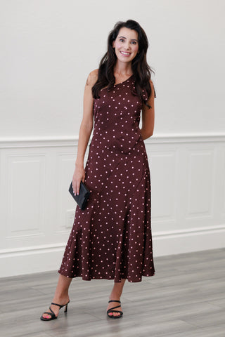 Silky Satin One-Shoulder Bow Midi Dress in Wine