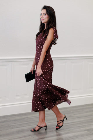 Silky Satin One-Shoulder Bow Midi Dress in Wine